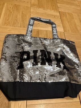 PINK Victoria's Secret Silver Sequin & Black Logo Tote